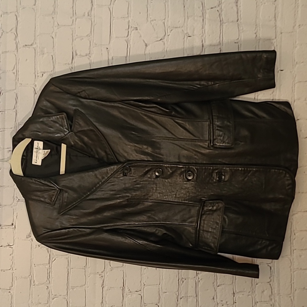 Kathrine Kelly Size 6 Collared Black Leather Jacket Stadium Length 4 Button